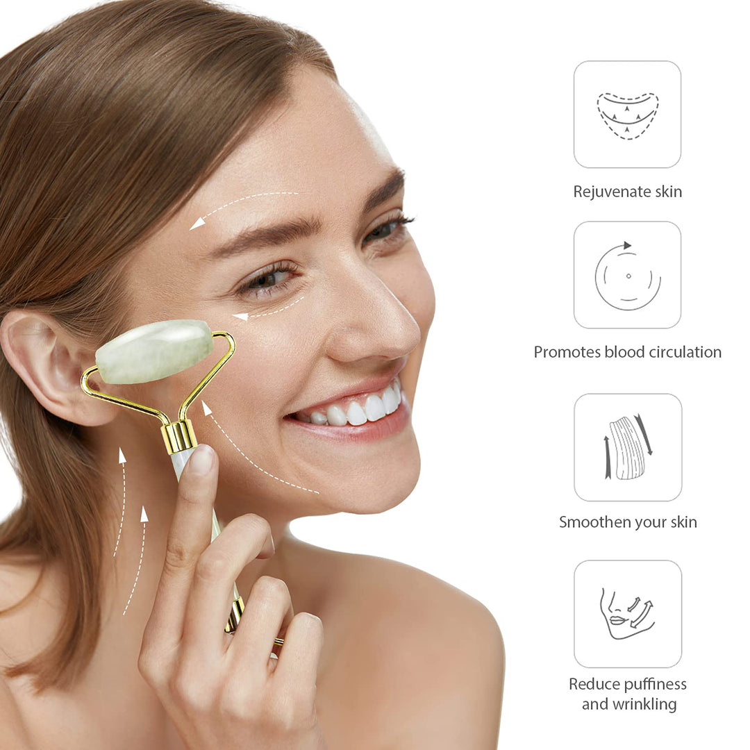 Natürliches Gua Sha & Jade Roller Beauty Tool Set. Für tiefenwirksame Gesichtsmassage & jugendlich aussehende Haut.
