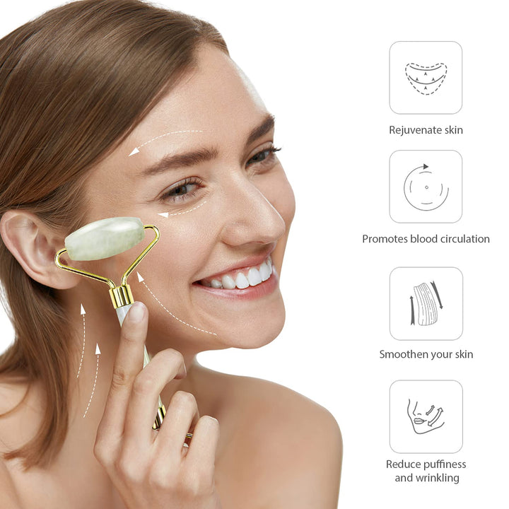 Natürliches Gua Sha & Jade Roller Beauty Tool Set. Für tiefenwirksame Gesichtsmassage & jugendlich aussehende Haut.