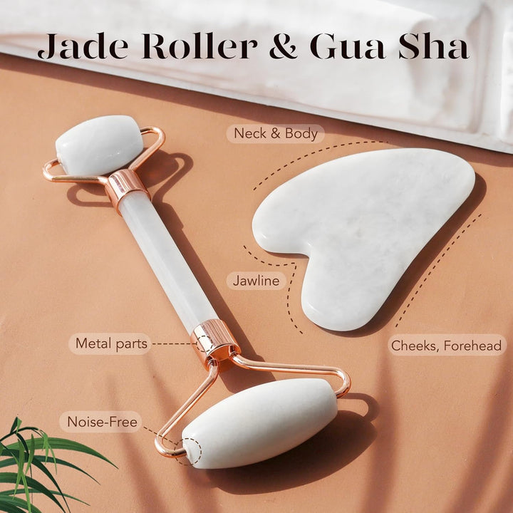Strahlende Haut Set: Jade Roller & Gua Sha. Fördert die Lymphdrainage & strafft die Gesichtskonturen.