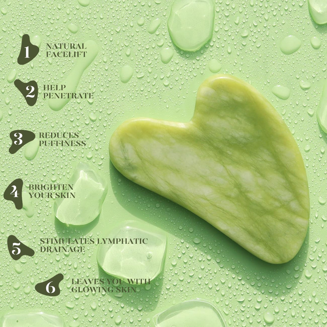 Naturstein Gua Sha & Jade Roller Beauty Tool Set. Ideal für entspannende Gesichtsmassage & Hautpflege.