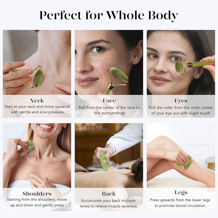 Gua Sha Massagegerät & Jade Roller für die Gesichts- & Hautpflege. Reduziert Schwellungen, verbessert Elastizität.