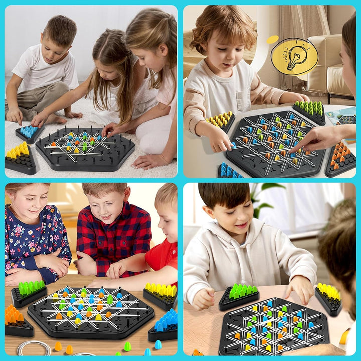 Nahaufnahme des Gummiband-Denkspiels mit bunten Gummibändern, geometrischen Formen für kreative Logik-Puzzle.