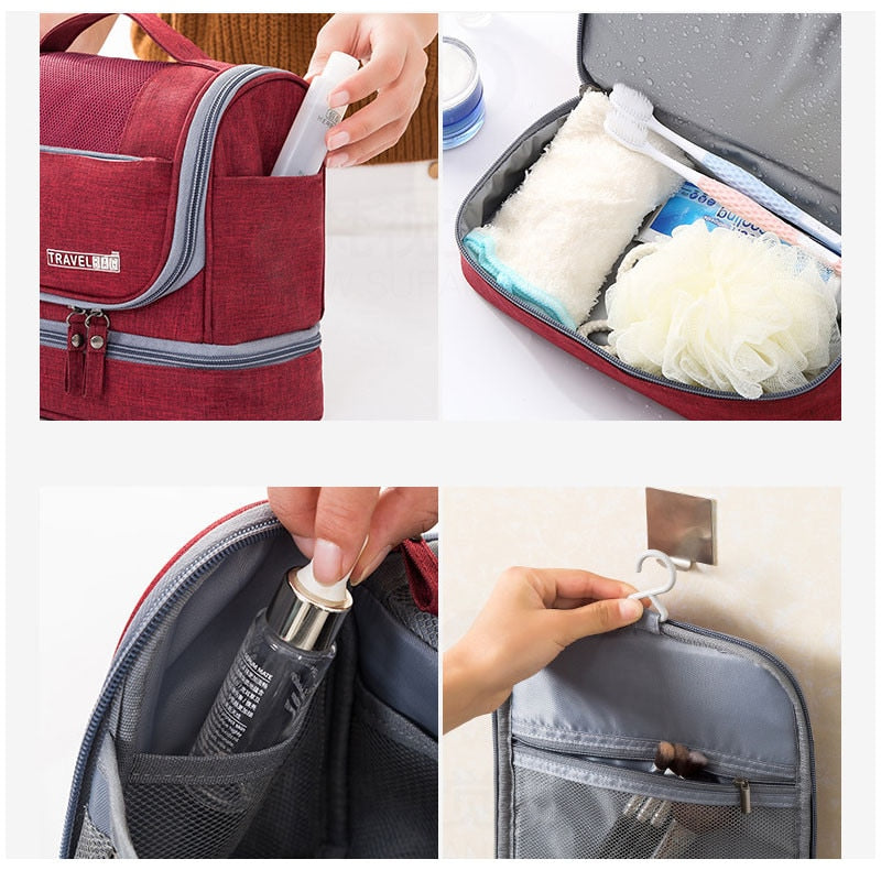 Unisex Kulturtasche zum Hängen, mit praktischen Fächern für Kosmetik und Pflegeprodukte, aus robustem Nylon.