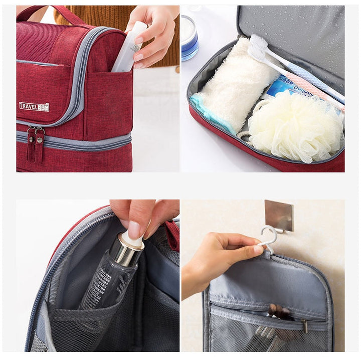 Unisex Kulturtasche zum Hängen, mit praktischen Fächern für Kosmetik und Pflegeprodukte, aus robustem Nylon.