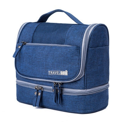 Offene hängende Kulturtasche, Unisex, zeigt Innentaschen und Fächer für eine organisierte Reise.