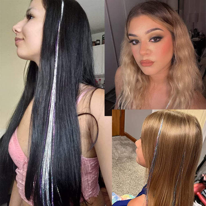 Funkelnder Haarschmuck: Glitzersträhnen aus dem Haartinsel-Kit, ideal für eine stylische Partyfrisur.