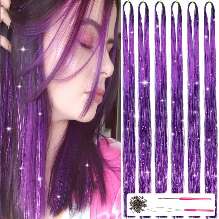 Verschiedene Farben Glitzersträhnen aus dem Haartinsel-Stylingkit für individuelle Glitzerhaare.
