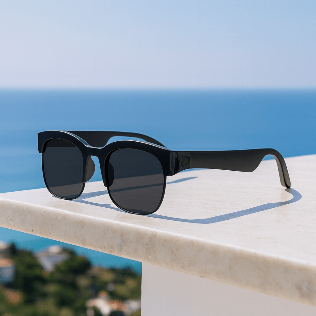 Smart Sonnenbrille mit integrierter Sprachübersetzer-Funktion, ideal für Reisen und Kommunikation.