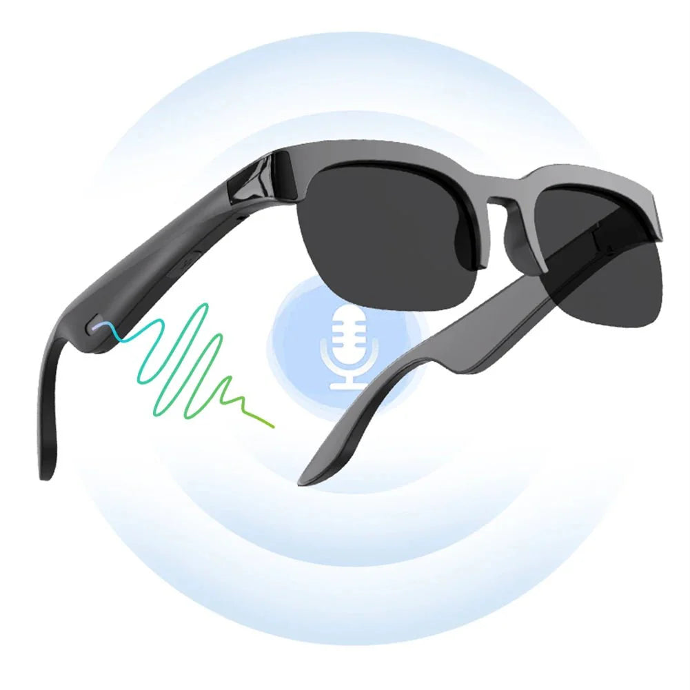Elegante Unisex Smart Brille mit Übersetzung, Bluetooth und UV400 Schutz, schwarzes Design.