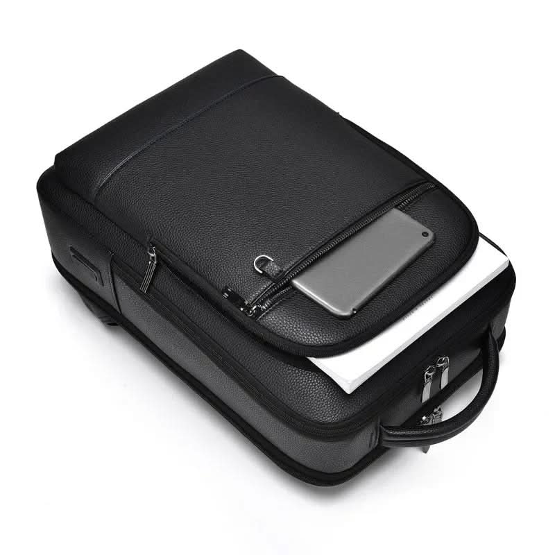 Der schwarze Business & Reise Rucksack von der Seite, zeigt schlankes und funktionelles Profil.