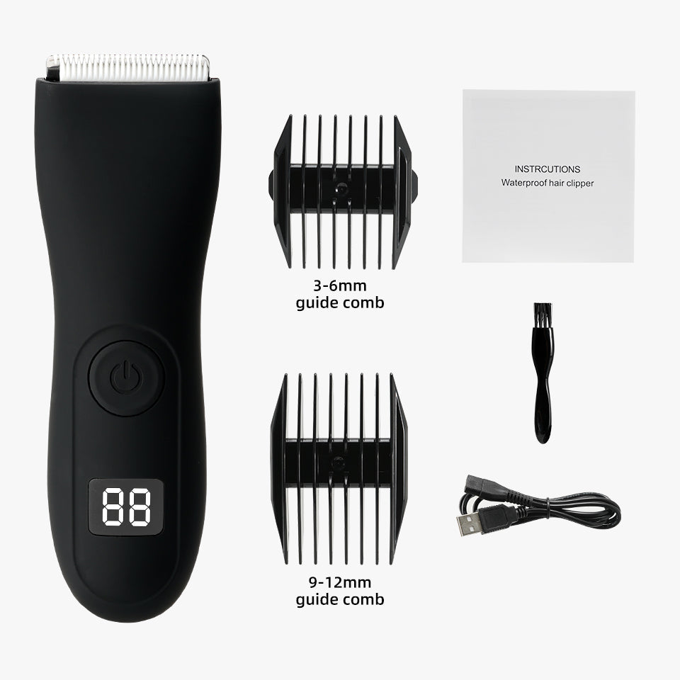 Wiederaufladbarer Intimrasierer mit USB-Ladekabel & Reinigungsbürste für einfache Körperpflege unterwegs.