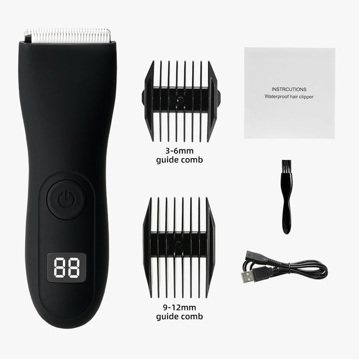 Wiederaufladbarer Intimrasierer mit USB-Ladekabel & Reinigungsbürste für einfache Körperpflege unterwegs.