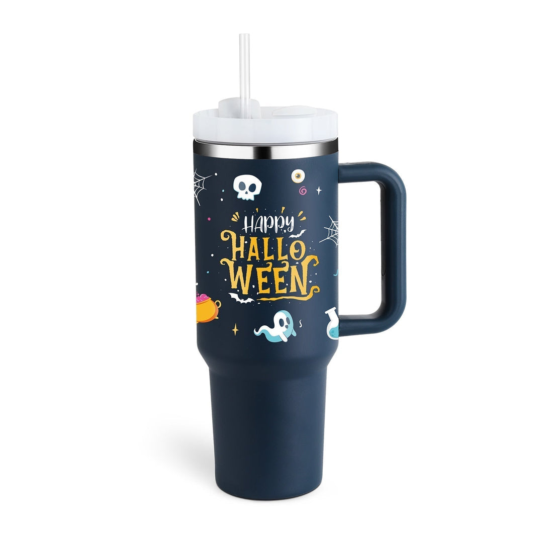 Stilvolle 1200ml Thermobecher mit Strohhalm. Griff für bequemes Tragen.