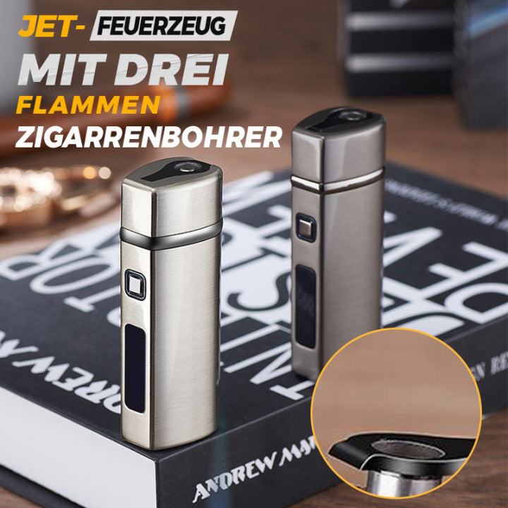 Premium Jet-Feuerzeug in elegantem Design, winddicht, mit Dreifachflamme und Zigarrenlocher.