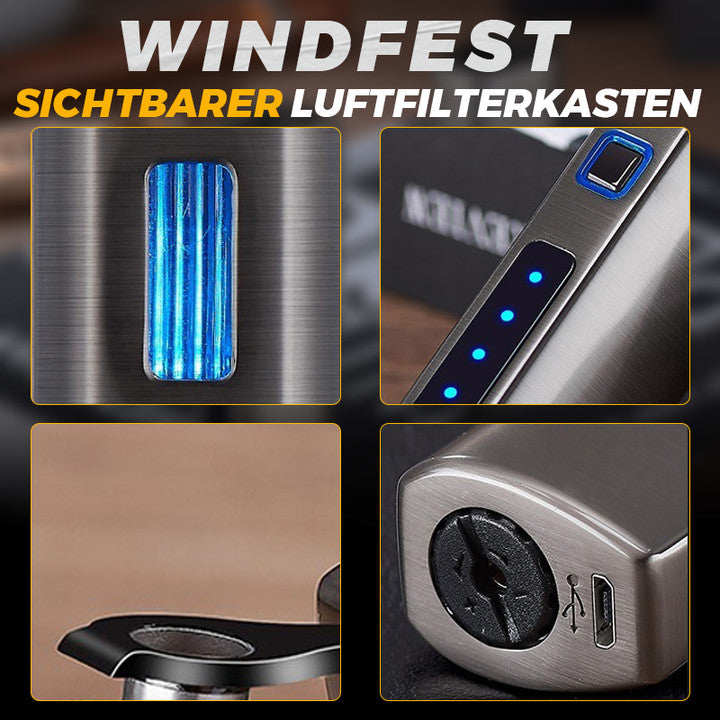 Detailansicht des Jet-Feuerzeugs: Dreifachflamme, integrierter Locher, edles Zinklegierungs-Design.