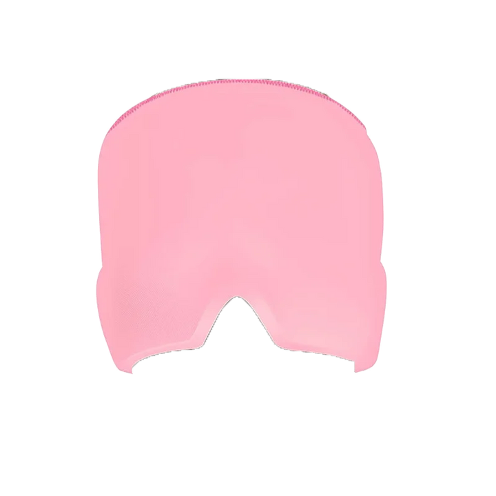 Person trägt unisex Kühlmaske bei Migräne. Gelmaske für Kopfschmerzlinderung & entspannende Therapie.