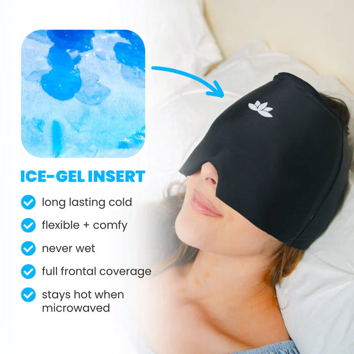 Elastische Gel-Kühlmaske in Grau für Migräne & Kopfschmerzen. Unisex Design für optimale Passform.