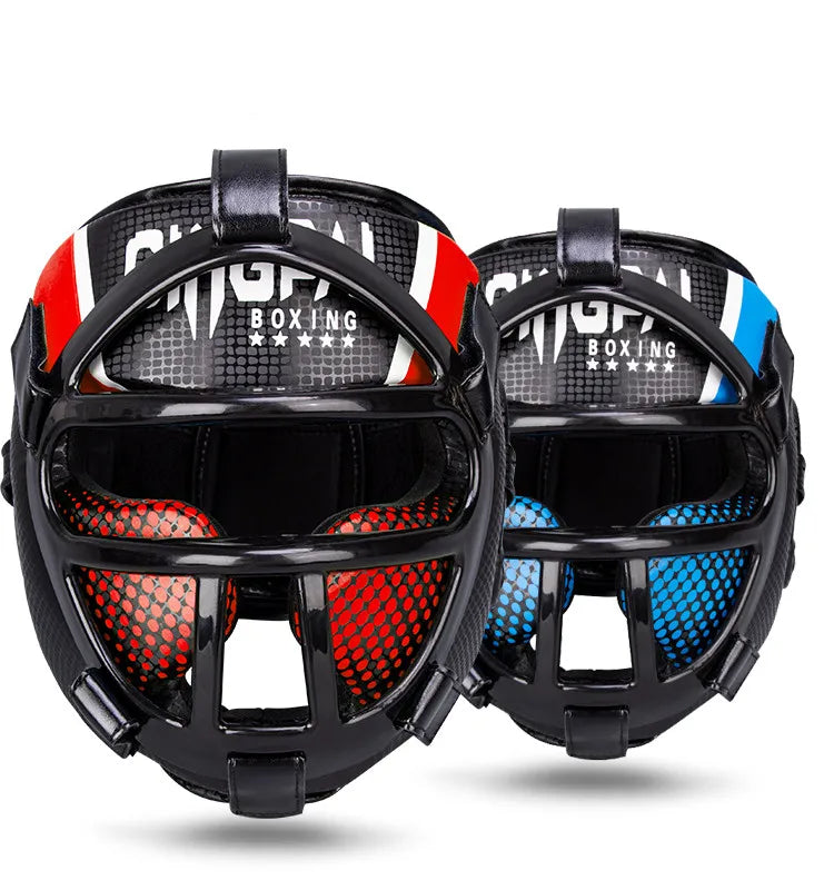 Unisex Kampfsport Kopfschutz rot mit robuster Gesichtsschutzmaske für Sparring & Training. Idealer Schutzhelm.