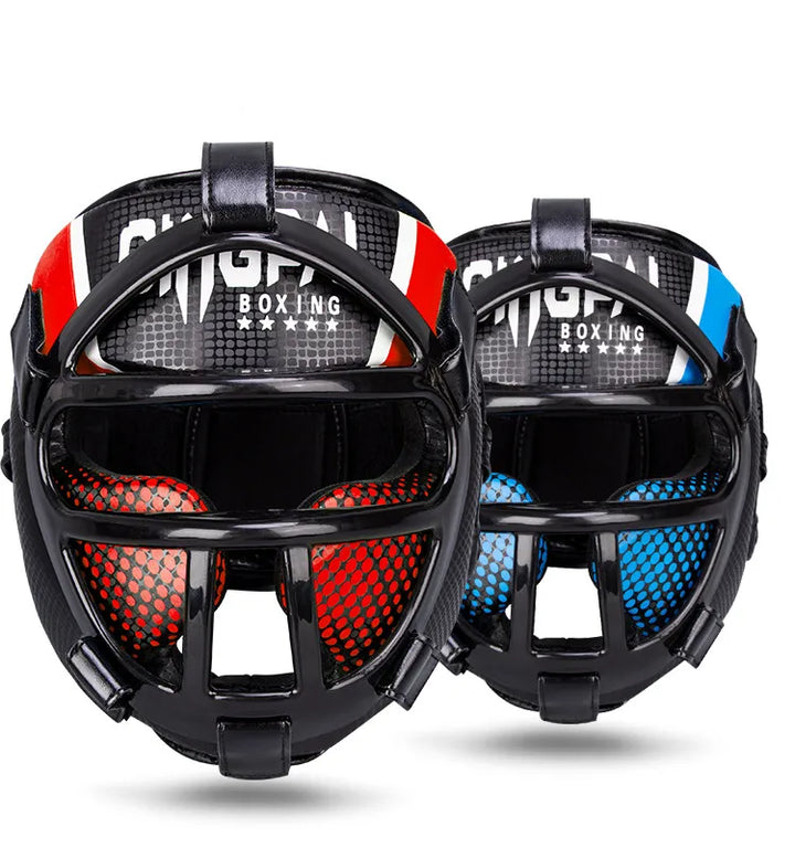 Unisex Kampfsport Kopfschutz rot mit robuster Gesichtsschutzmaske für Sparring & Training. Idealer Schutzhelm.