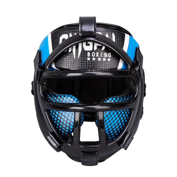 Blauer Unisex Taekwondo Kopfschutz mit klarer Gesichtsschutzmaske. Essentielle Schutzausrüstung für Sparring.