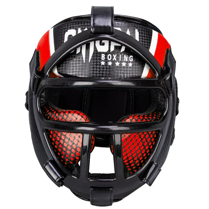 Hochwertiger Kampfsport Kopfschutz mit integrierter Gesichtsschutzmaske für maximalen Schutz beim Training.