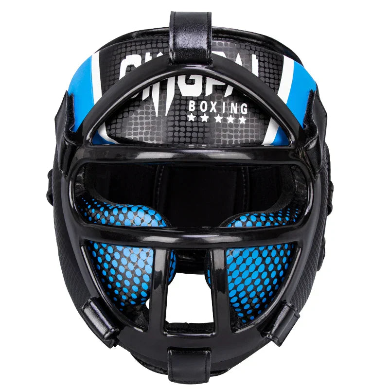Strapazierfähiger Unisex Kampfsporthelm in Blau. Kopfschutz mit Gesichtsschutzmaske für Taekwondo & Kickboxen.