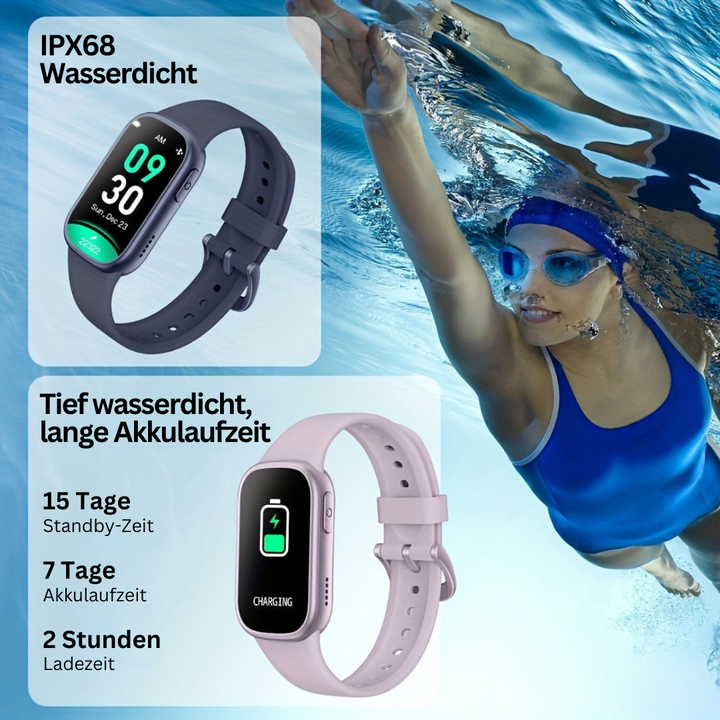 Kind trägt die strapazierfähige Smartwatch beim Spielen im Freien; ideal für Sport und Outdoor-Einsatz.