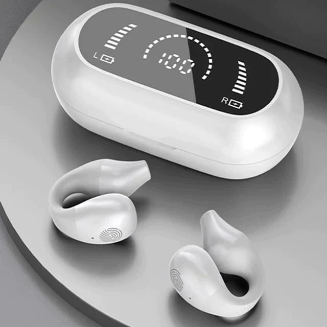 Modernes Audio-Gadget: Knochenleitkopfhörer mit Ohrclip, Bluetooth, Freisprech & LED-Anzeige.