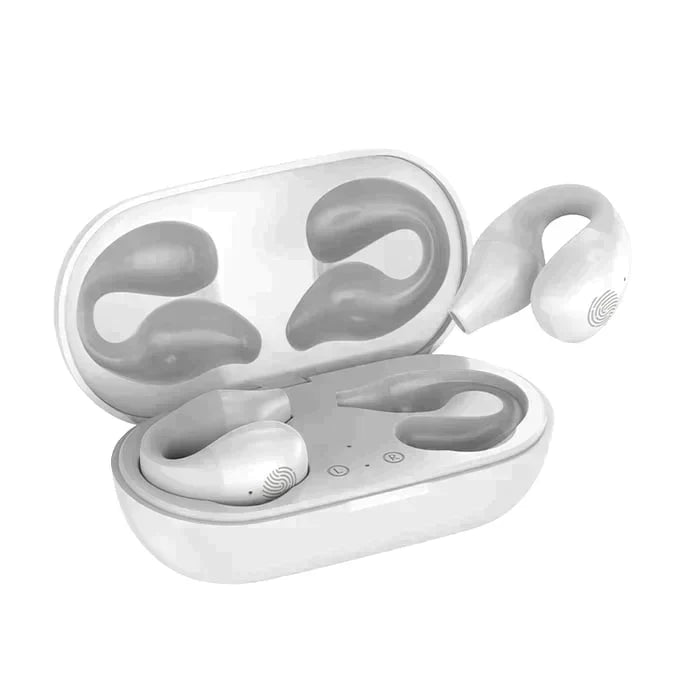 Schwarze Knochenleitkopfhörer mit Ohrclip. Kabellos, Bluetooth, mit LED-Anzeige für einfaches Monitoring.