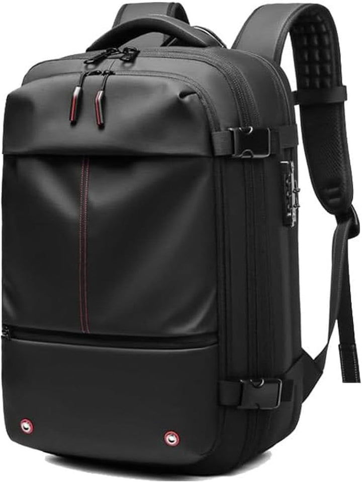 Innenansicht: Organisiertes Laptopfach & großes Hauptfach im Kompressions-Reiserucksack.