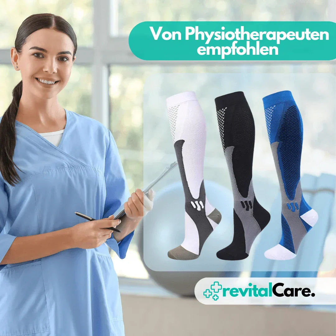 Kompressionssocken für Sport und Erholung, unterstützen die Beinmuskulatur effektiv.