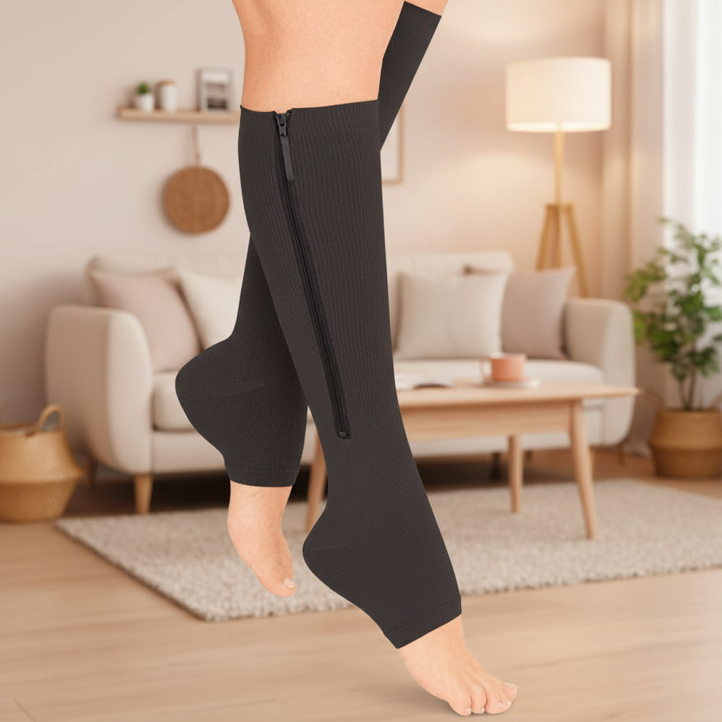Unisex Kompressionsstrümpfe mit Reißverschluss für Beinunterstützung und verbesserte Durchblutung.