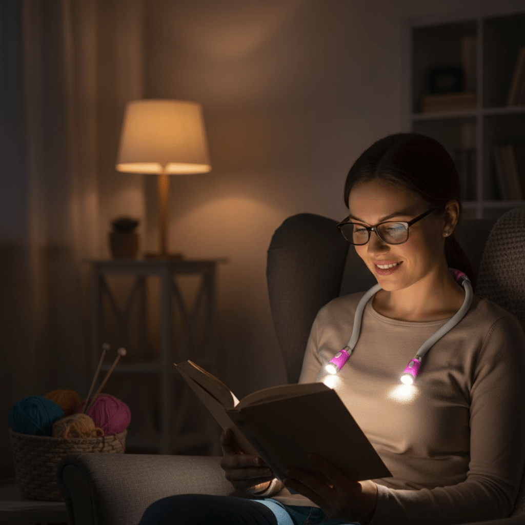 Unisex LED Nackenlampe freihändig beim Stricken, flexibel & hell. Ideal für Handarbeit, Lesen & Hobby.