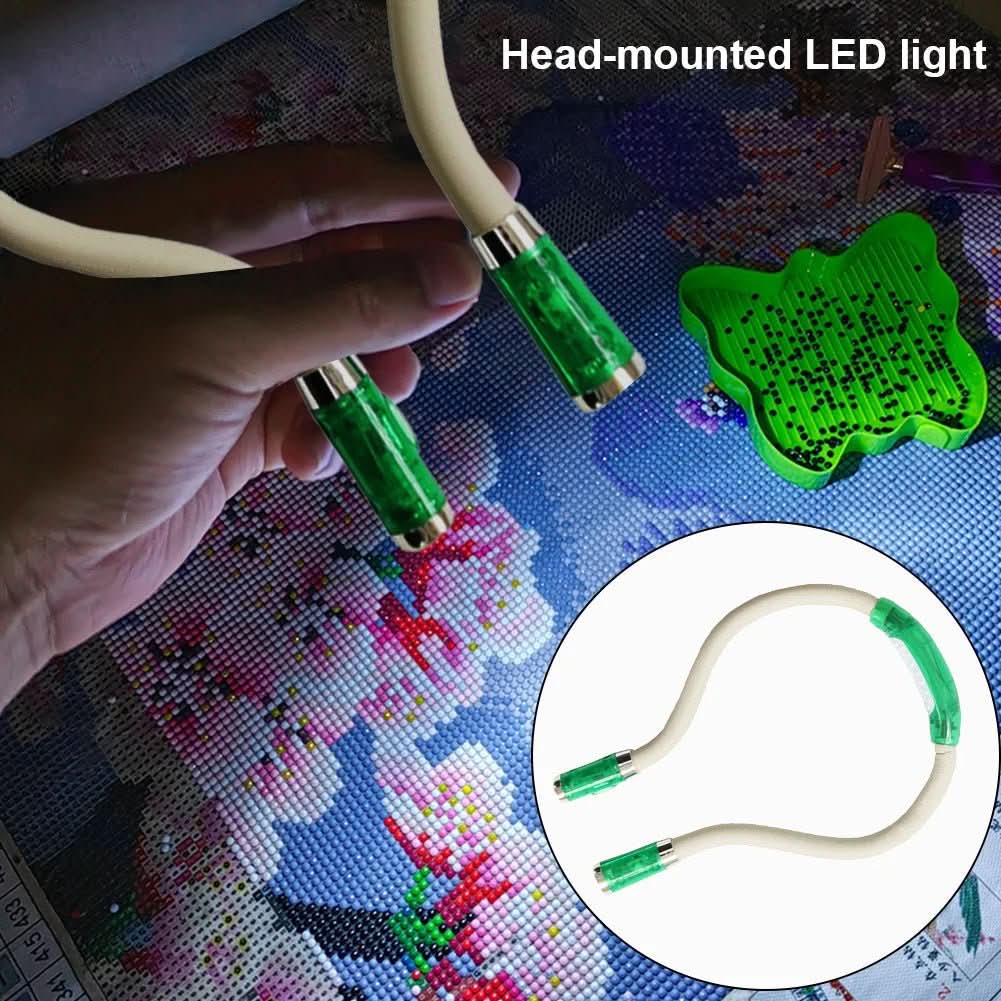 Ergonomische LED Nackenlampe mit hellem Licht für Handarbeiten wie Stricken oder Basteln bei Nacht.