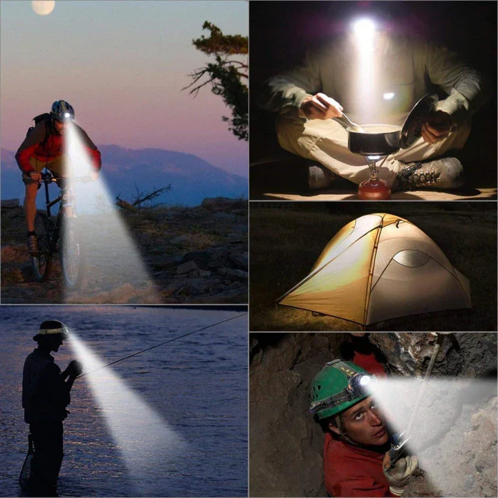 Robuste LED-Kopflampe für Wandern und Camping, mit starkem Zoomlicht.