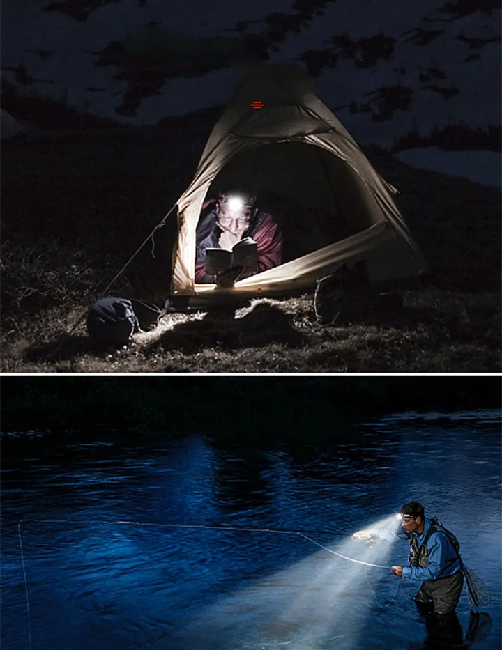 Wiederaufladbare Stirnlampe mit heller LED und einstellbarem Zoom, ideal für die Nacht.