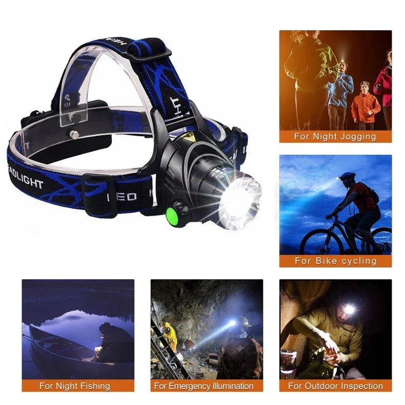 Detailansicht der Unisex LED-Stirnlampe mit Zoomfunktion und verstellbarem Band.