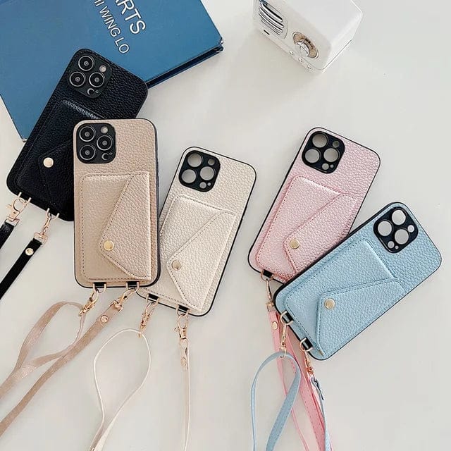 Stilvolle Unisex Leder-Handyhülle mit Umhängeband. Moderne Urban Chic Smartphone Schutzhülle mit Lederoptik.