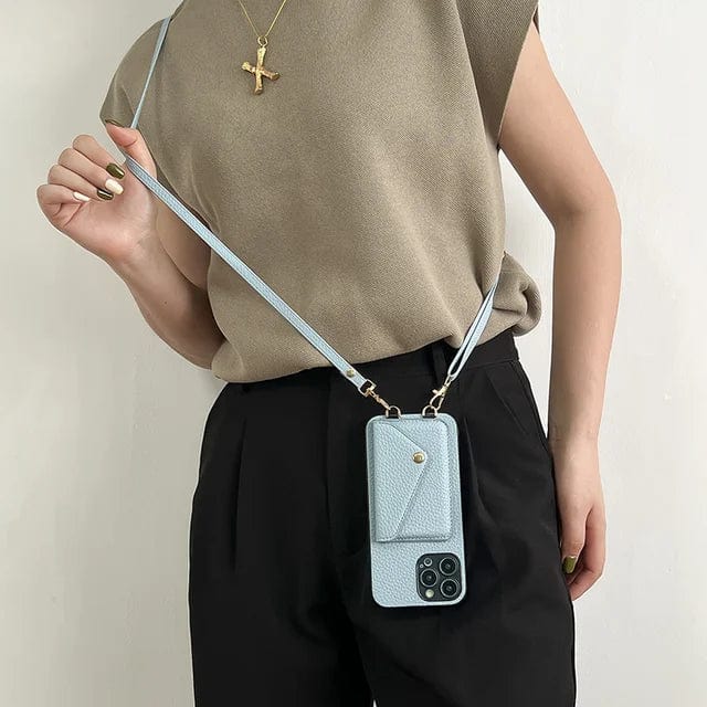 Praktische Leder Crossbody Handyhülle für Smartphones. Mit integrierten Kartenhaltern & verstellbarem Umhängeband.