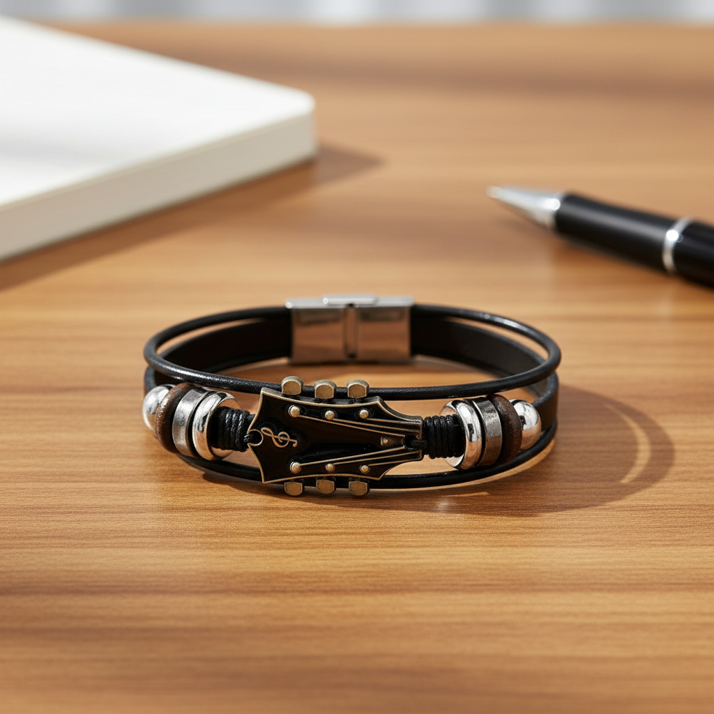 Unisex Lederarmband mit detailliertem Gitarren-Design, ideal für Musikliebhaber und Rock-Fans.