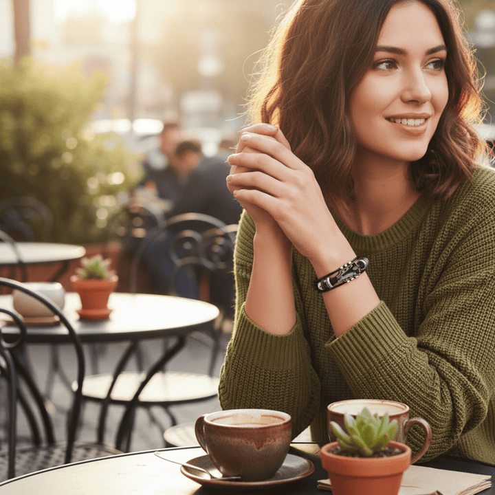 Stylisches Unisex Lederarmband mit Gitarre am Handgelenk getragen, zeigt die perfekte Passform und lässigen Look.