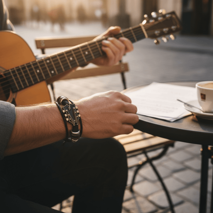 Edles Lederarmband mit Gitarren-Design, ein perfektes Geschenk für Gitarristen und Musikbegeisterte.