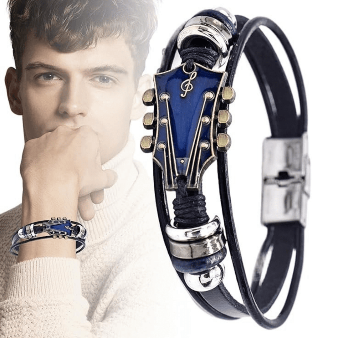 Ausdrucksstarkes Herrenarmband mit Leder und Gitarren-Motiv, perfekt für Rocker und Musikfans.