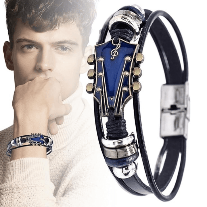 Ausdrucksstarkes Herrenarmband mit Leder und Gitarren-Motiv, perfekt für Rocker und Musikfans.