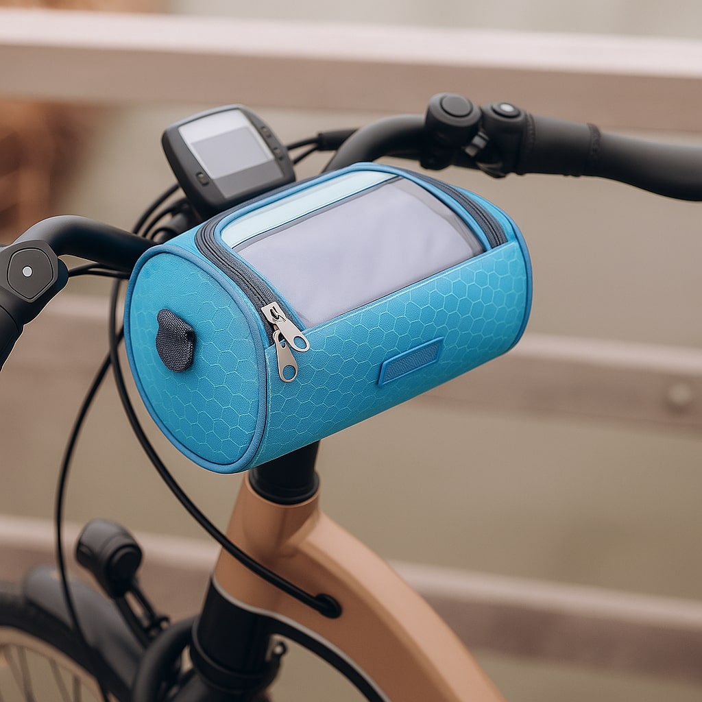 Detailaufnahme des Klettsystems, welches die Lenkertasche sicher am Fahrrad befestigt.