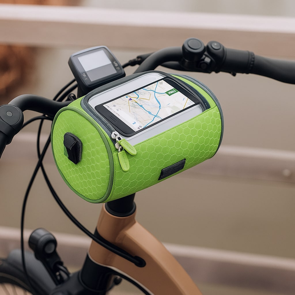 Produktaufnahme der Unisex Fahrrad-Lenkertasche mit Touchscreen & Spritzwasserschutz.