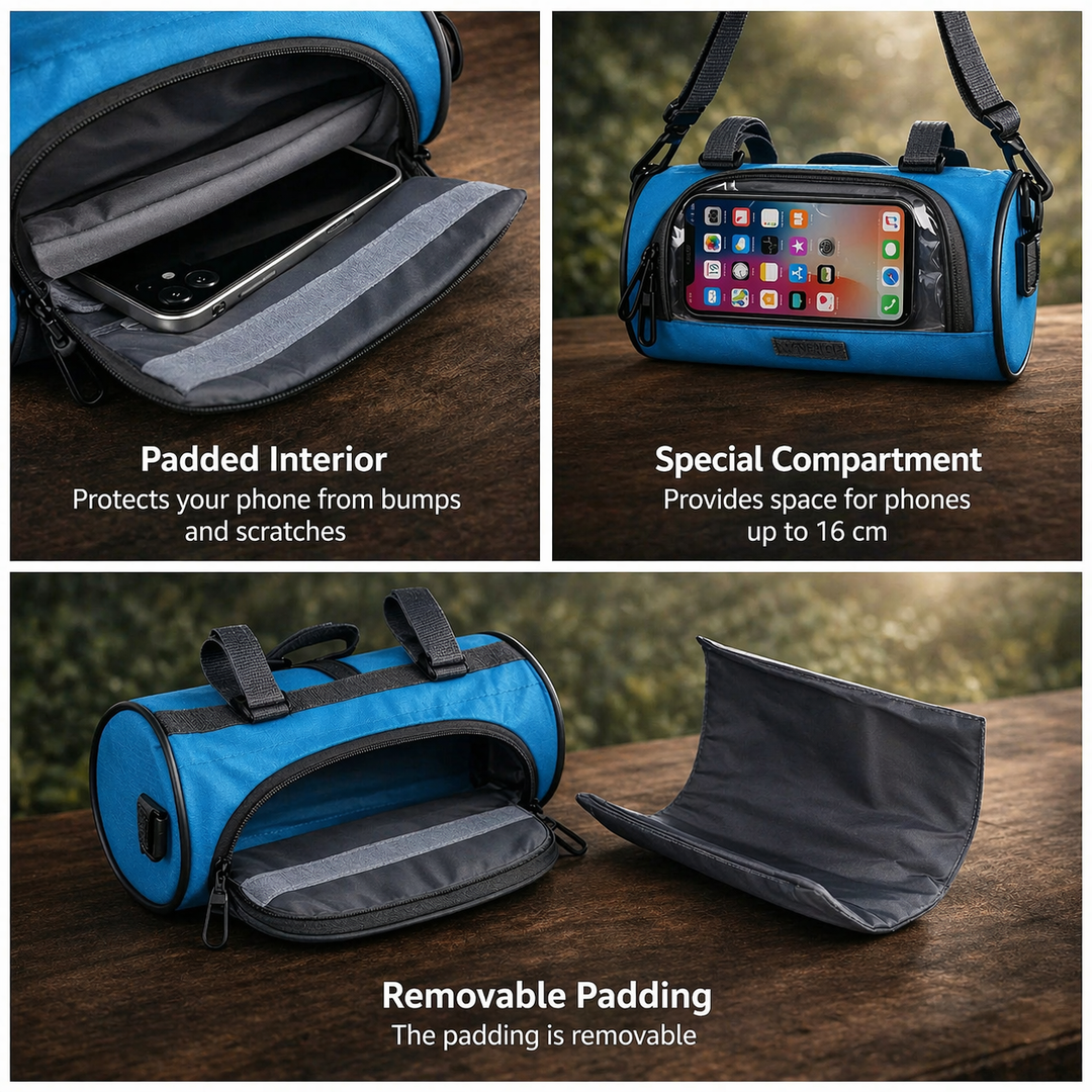 Wasserdichte Fahrradtasche am Lenker, schützt Ihr Smartphone & Wertsachen vor Regen & Spritzwasser.