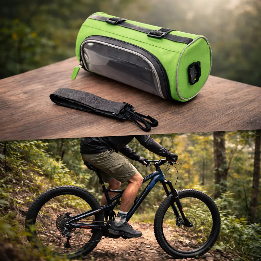 Seitliche Ansicht der schwarzen Fahrradtasche am Lenker, robustes Design für Outdoor-Abenteuer.