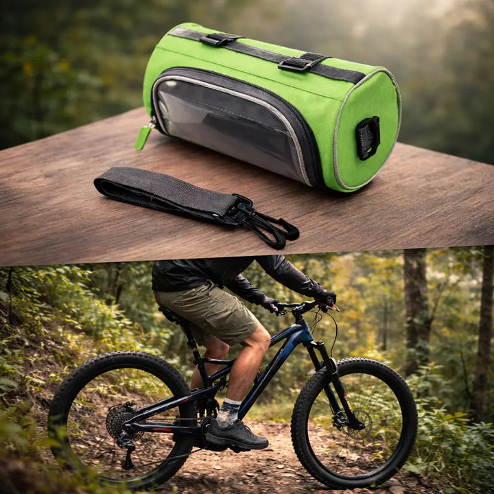 Seitliche Ansicht der schwarzen Fahrradtasche am Lenker, robustes Design für Outdoor-Abenteuer.