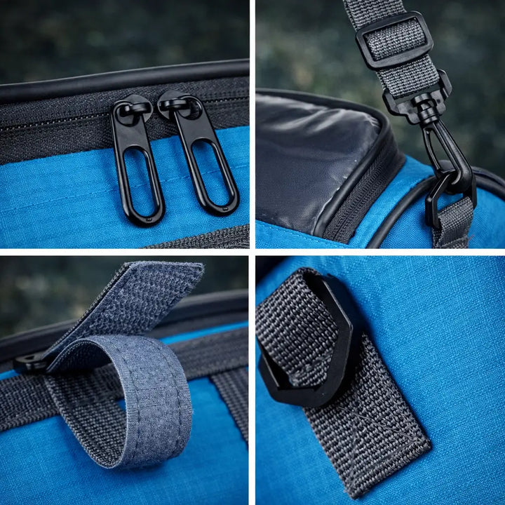 Geöffnete Fahrradtasche mit Smartphone im Touchscreen-Fach, zeigt Innenraum & Organisation.